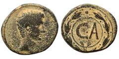 Roman Provincial SYRIA, Seleucis and Pieria. Antioch (?). Augustus, 27 BC–14 AD. "Dupondius" (bronze, 9.28 g, 24 mm). Bare head of Augustus, right. Rev. Large CA within wreath. BMC 712 ('Pergamum'); M
