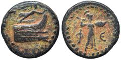 Greek LYCIA. Phaselis. Circa 1st Century BC. Ae (bronze, 4.68 g, 18 mm). Prow of war-galley right, Nike flying above and crowning it with a wreath. Rev. Φ-E Athena standing right, holding thunderbolt 
