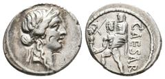 Roman Republic JULIUS CAESAR, 48-47 BC. AR, Denarius. African mint. Obv: Head of Venus, right, wearing diadem. Border of dots. Rev: CAESAR. Aeneas, left, carrying palladium in right hand and Anchises 