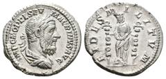 Imperial MACRINUS, 217-218 AD. AR, Denarius. Rome. Obv: IMP C M OPEL SEV MACRINVS AVG. Laureate, draped and cuirassed bust of Macrinus, right. Rev: FIDES MILITVM. Fides standing facing, head right, ho