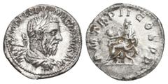 Imperial MACRINUS, 217-218 AD. AR, Denarius. Rome. Obv: IMP C M OPEL SEV MACRINVS AVG. Laureate and draped bust of Macrinus, right. Rev: P M TR P II COS P P. Macrinus seated left on curule chair, hold