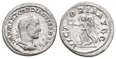 Imperial GORDIAN II AFRICANUS, 238 AD. AR, Denarius. Rome. Obv: IMP M ANT GORDIANVS AFR AVG. Laureate, draped and cuirassed bust of Gordianus Africanus, right. Rev: VICTORIA AVGG. Victory advancing le