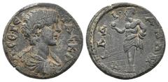 ROMAN PROVINCIAL LYDIA, Daldis. Geta AD 198-209. AE. Obv: Λ CE ΓETAC KA Bare-headed, draped and cuirassed bust right. Rev: ΔΑΛΔIANΩN Herm of Herakles left, loins draped, holding apple in right hand, a