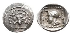 GREEK DYNASTS OF LYCIA, Uncertain Dynast (Circa 520-460 BC.) AR Hemiobol. Obv: Facing lion's scalp Rev: Head of Hermes left, wearing petasos, in pelleted square border within incuse square. Savoca 161