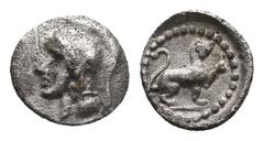 GREEK LYCIA, Tlos (425-360 BC.) AR Hemiobol. Obv: Helmeted head of Athena left. Rev: Lion sitting right, front paw raised, all in circle of dots. Müseler VII, 16 var (Athena head right) Six -; Aulock 