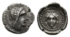 GREEK DYNASTS OF LYCIA. Uncertain Dynast. (Late 5th-early 4th centuries BC). AR, Obol. Obv: Head of an uncertain dynast to right, wearing bashlyk. Rev: Facing head of a goddess, wearing kalathos, pend