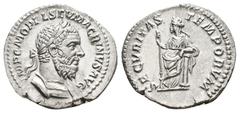 ROMAN IMPERIAL MACRINUS, 217-218 AD. AR, Denarius. Rome. Obv: IMP C M OPEL SEV MACRINVS AVG. Laureate and cuirassed bust of Macrinus, right. Rev: SECVRITAS TEMPORVM. Securitas standing facing, head le