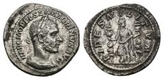 ROMAN IMPERIAL MACRINUS, 217-218 AD. AR, Denarius. Rome. Obv: IMP C M OPEL SEV MACRINVS AVG. Laureate and cuirassed bust of Macrinus, right. Rev: FIDES MILITVM. Fides standing left, head right, restin