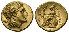 GREEK KINGS OF THRACE. (Macedonian). Lysimachos. (305-281 BC). Gold Stater .Pella. Obv: Head of Alexander the Great to right, with horn of Ammon over his ear. Rev. BAΣIΛEΩΣ ΛΥΣIMAXOΥ Athena seated lef