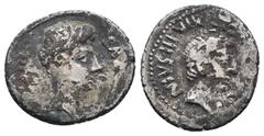 Roman Imperial Octavian as Augustus (27 BC – 14 AD). Fourree Denarius. Obv: DIVI·F AVGVSTVS. Obv: Bare head of Augustus. Rev: Rev. M·SANQVI – NIVS·III·VIR. Laureate head of Caesar. BMC 71. RIC 338. CB
