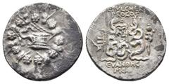 Greek Coins MYSIA. Pergamon. Cistophor (Circa 55-53 BC). C.Pulcher Pro cos. Cistophoric tetradrachm. Obv: Serpents emerging from cista mistica; the whole within wreath. Rev: C PVLCHER / PRO COS Two se