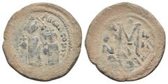 Byzantine Coins HERACLIUS, with HERACLIUS CONSTANTINE (610-641). Follis. Constantinople. Obv: Heraclius and Heraclius Constantine standing facing, Heraclius holding akakia; Heraclius Constantine holdi