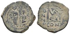 Byzantine Coins HERACLIUS, with HERACLIUS CONSTANTINE (610-641). Follis. Constantinople. Obv: Heraclius and Heraclius Constantine standing facing, Heraclius holding akakia; Heraclius Constantine holdi