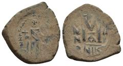 Byzantine Coins HERACLIUS, with HERACLIUS CONSTANTINE (610-641). Follis. Constantinople. Obv: Heraclius and Heraclius Constantine standing facing, Heraclius holding akakia; Heraclius Constantine holdi