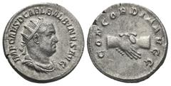 Roman Imperial BALBINUS (238 AD). Antoninianus. Rome. Obv: IMP CAES D CAE L BALBINVS AVG. Radiate, draped and cuirassed bust of Balbinus, right. Rev: CONCORDIA AVGG. Clasped hands. RIC 10. Condition: 