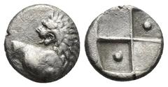 Greek Coins THRACE, Chersonesos. (Circa 386-338 BC). AR Hemidrachm. Obv: Forepart of lion right, head left. Rev: Quadripartite incuse square, with alternating raised and sunken quarters; pellet in eac