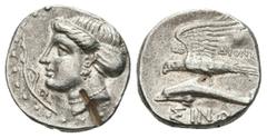 Greek Coins PAPHLAGONIA. Sinope. Diony-, magistrate (Circa 330-300 BC). AR Drachm. Obv: Head of Nymph left, with hair in sakkos, circular border of dots. Rev: ΔΙΟΝΥ / ΣΙΝΩ. Sea eagle on dolphin left. 