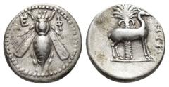 Greek Coins IONIA. Ephesos. Mitras, magistrate (Circa 202-133 BC). AR Drachm. Obv: E-Φ Bee. Rev: MHTPAΣ. Stag standing right before palm tree. The Attic Weight Drachms of Ephesos, NC 1999, S.88; Head 