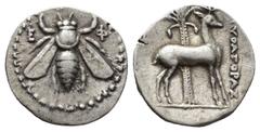 Greek Coins IONIA, Ephesus. Pythagoras, magistrate. (Circa 202-150 BC). AR Drachm. Obv: E-Φ. Bee. Rev: ΠYΘAΓOΡAΣ. Forepart of stag right, head reverted; palm tree to left. Leiden 5684; Kinns 8.14 Cond