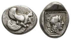 Greek Coins DYNASTS OF LYCIA. Uvug. (Circa 450-400 BC). AR Quarter Stater . Obv: Forepart of winged, man-headed bull advancing right Rev: Head of Aphrodite right within incuse square; Lycian legend OF