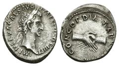 Roman Imperial Nerva, 96-98 AD. AR, Denarius. Rome. Obv: IMP NERVA CAES AVG P-M TRP II COS III PP. Laureate head of Nerva, right. Rev: CONCORDIA EXERCITVVM. Clasped hands. RIC 26. Condition: VF. Weigh
