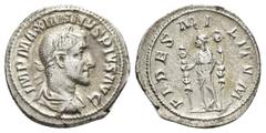 Roman Imperial Maximinus Thrax, 235-238 AD. AR, Denarius. Rome. Obv: IMP MAXIMINVS PIVS AVG. Laureate, draped and cuirassed bust of Maximinus, right. Rev: FIDES MILITVM. Fides standing facing, head le
