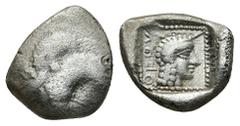 Greek DYNASTS OF CARIA. Orou. Local Dynast (Circa 450-400 BC). AR, Quarter Stater. Obv: Forepart of winged, man-headed bull right. Rev: OF OV. Head of female (Aphrodite?) right in dotted square border
