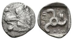 Greek DYNASTS of LYCIA. Mithrapata. Uncertain mint. (Circa 390-370 BC). AR Sixth Stater. Obv: Lion scalp facing. Rev: Triskeles; astragalos in one section; all within incuse square. Müseler VII, 83; T