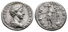Roman Imperial COMMODUS, 166-177 AD. AR, Denarius. Rome. Obv: COMMODO CAES AVG FIL GERM SARM. Bare-headed and draped bust of Commodus, right. Rev: PRINC IVVENT. Commodus standing left, in military dre