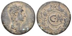 Roman Provincial Augustus, 27 BC – 14 AD. AE, Dupondius. Pergamum, or Ephesos. Obv: AVGVSTVS. Bare head of Augustus, right. Rev: Large C A within laurel wreath with prows framed by double-pelleted bor