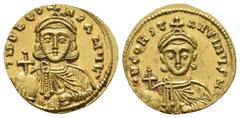 Byzantine LEO III THE "ISAURIAN" with CONSTANTINE V (717-741 AD). AV, Solidus. Constantinople. Obv: δ N O LЄON P A MЧL. Crowned and draped facing bust of Leo, holding globus cruciger and akakia. Rev: 