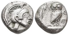 Greek ATTICA. Athens, AR, Tetradrachm. 515 BCE - 482 BCE Obv: Athena head of right; archaic style. Rev: ΑΘΕ. Owl standing, right; head facing, behind olive sprig. The first era of Athenian owls, coins