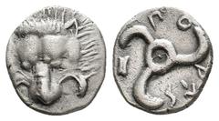 Greek DYNASTS of LYCIA. Puresi. Uncertain mint. (Circa 380-360 BC). AR Tetrobol. Obv: Facing lion scalp. Rev: Triskeles; PU-RES (in Lycian) and astragalos around. Müseler VIII, 60 var. (astragalos); T