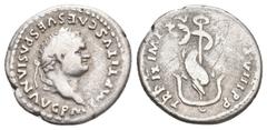 Roman Imperial TITUS, 79-81 AD. AR, Denarius. Rome. Obv: IMP TITVS CAES VESPASIAN AVG P M. Laureate head of Titus, right. Rev: TR P IX IMP XV COS VIII P P. Dolphin coiled around anchor. RIC 112. Condi