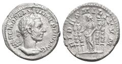 Roman Imperial MACRINUS, 217 – 218 AD. AR, Denarius. Rome. Obv: IMP C M OPEL SEV MACRINVS AVG. Laureate and cuirassed bust of Macrinus, right. Rev: FIDES MILITVM. Fides standing facing, head left, hol
