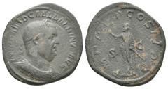 Roman Imperial BALBINUS, 238 AD. AE, Sestertius. Rome. Obv: IMP CAES D CAE L BALBINVS AVG. Laureate, draped and cuirassed bust of Balbinus, right. Rev: P M TR P COS II P P / S - C. Balbinus standing l