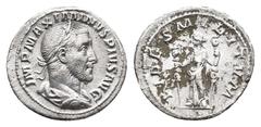 Roman Imperial MAXIMINUS THRAX, 235-238 AD. AR, Denarius. Rome. Obv: IMP MAXIMINVS PIVS AVG. Laureate, draped and cuirassed bust of Maximinus, right. Rev: FIDES MILITVM. Fides standing left, holding s