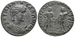 Roman Provincial LYDIA, Bagis. Salonina, Augusta, 254-268 AD. AE. Homonoia with Temenothyrai in Phrygia. Obv: ΚΟΡΝΗΛΙΑ ΣΑΛΩΝΙΝΑ. Diademed and draped bust of Salonina set on crescent to right. Rev. ΚΑΙ