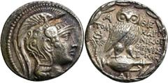GRIECHISCHE MÜNZEN Attika Athen Tetradrachme "neuen Stils" 133/132 v. Chr., Magistrate Polycharm-, Nikog- und Themistokles. Kopf der Athena mit Pegasoshelm / Eule auf Amphora, darauf X, links Kerykeio