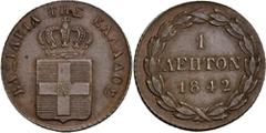 AUSLAND Griechenland Königreich Otto von Bayern, 1832-1862 Cu-Lepton 1842, Athen. Divo 29 i; K./M. 13. Vorzüglich.