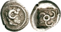 Lykien Dynast Kuprilli Diobol 470/440 v. Chr., unbestimmte Münzstätte. 1.31 g. Kopf des Zeus Ammon / Triskeles in Quadratum incusum. Moerkholm/Zahle, Kuprilli 148 Selten Sehr schön