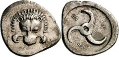 Lykien Dynast Trbbênimi Stater um 380 v. Chr., Limyra. 9.67 g. Löwenmaske / Triskeles in rundem Incusum. SNG v. Aulock 4224 Olcay/Moerkholm in NC 1971, S. 11, 350 var. Selten Vorzüglich/Sehr schön