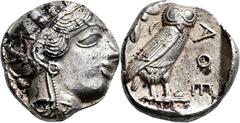 GRIECHISCHE MÜNZEN Attika Athen Tetradrachme 454/404 v. Chr. Kopf der Athena / Eule (Steinkauz), dahinter Olivenzweig und Mondsichel. 7h. HGC zu 1597; Flament vgl. Tf. 30, Nr. 4. 14.43 g.; 25 mm. Gute