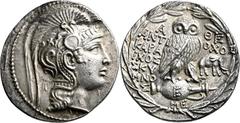 GRIECHISCHE MÜNZEN Attika Athen Tetradrachme "neuen Stils" 131/130 v. Chr., Magistrate Antiochos, Karaichos und Skymnos. Kopf der Athena / In Kranz: Eule (Steinkauz) auf Preisamphore, darauf E, darunt