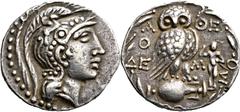 GRIECHISCHE MÜNZEN Attika Athen Tetradrachme "neuen Stils" 88/85 v. Chr., Exilprägung im Namen des Demos. Kopf der Athena mit Pegasoshelm / Eule auf Amphora, rechts Mann mit in der Rechten schwingende