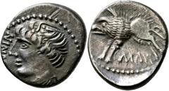 KELTISCHE MÜNZEN Gallier Helvetii. Rauraci. Quinar um 50 v. Chr. Jugendlicher Kopf, davor NINN / Wildschwein, darunter MAVC. 5h. DT 3279; Scheers 1196; de la Tour 9355. 1.62 g.; 13,2 mm. Feine dunkle 