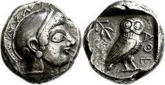GRIECHISCHE MÜNZEN Attika Athen Tetradrachme 515/490 v. Chr. Kopf der Athena / Eule (Steinkauz), dahinter Olivenzweig und Mondsichel. 12h. Kampmann-Rutten 1 (Datierung 510/490 v. Chr.); HGC 1589; Selt