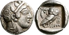 GRIECHISCHE MÜNZEN Attika Athen Tetradrachme 470/465 v. Chr. Kopf der Athena / Eule (Steinkauz), dahinter Olivenzweig und Mondsichel. 11h. Starr Tf. XII, 118 (Gruppe IV); Kampmann-Rutten 6 (Datierung 