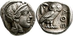 GRIECHISCHE MÜNZEN Attika Athen Tetradrachme 454/404 v. Chr. Kopf der Athena / Eule (Steinkauz), dahinter Olivenzweig und Mondsichel. 4h. Kampmann-Rutten 9 (Datierung 430-420 v.); HGC 1597. 17.18 g.; 