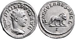 RÖMISCHE MÜNZEN Kaiserliche Prägungen Philippus I. Arabs, 244-249. Antoninian 248, Rom, auf die Tausendjahrfeier der Stadtgründung Roms. Büste mit Strahlenkrone / Löwe. 7h. RIC 12; C. 173. 4.43 g.; 23
